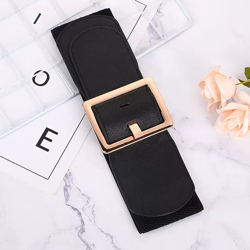 Genuine Leather Women Wide Elastic Waist Belt Stretch Cinch Waistband with Pin Buckle Adjustable corset For Suit Coat Dress