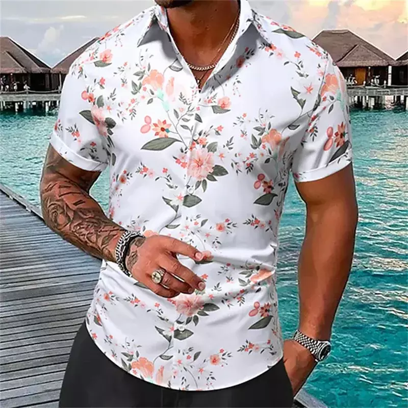 قميص هاواي للرجال بأكمام قصيرة ، طباعة زهور الشاطئ ، توب بأزرار طية صدر ، قميص بمقاس كبير ، موضة جديدة ،