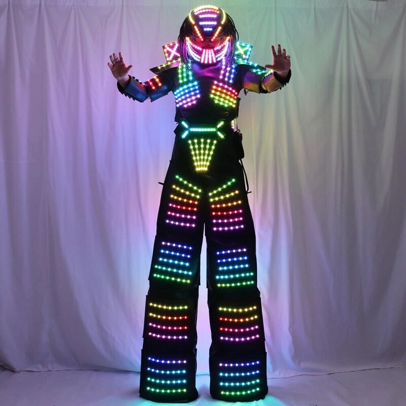 LED Robot Costume Traje LED vestito vestito vestiti Stilt Walking giacca luminosa con guanti Laser Predator casco illuminato
