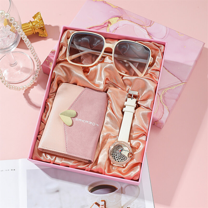 3pcs/set Womens Watch Set with Gift Box Fashion Wallet Trendy Glasses Ladies Quartz Wristwatches Female Clock Gifts for Women