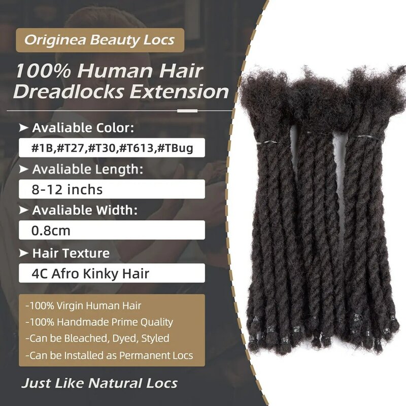 0.8cm Pre-Twisted Human Hair Dreadlocks Styled Retwisting Permanent Dreads Locs Extensions 8/10/12 inches Natural Black Two Tone
