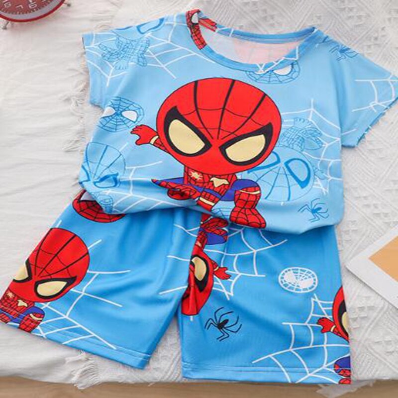 New Summer Girls Pajamas Set Short Sleeve Boys Cartoon Spiderman Rabbit Dinosaur Baby Sleepwear Homewear Children Kids Clothes