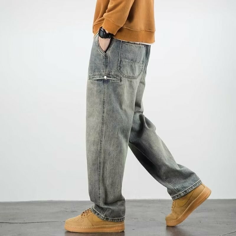 Stretch Men's Jeans Washed Motorcycle Trousers Vintage Man Cowboy Pants Punk Loose Straight Retro Baggy Designer Casual Goth