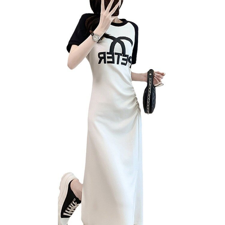 ハイエンドのハイウエストプリーツドレス,イスラム教徒の形,無地,マッチするTシャツ,ロングスリット,新しい夏のコレクション2022