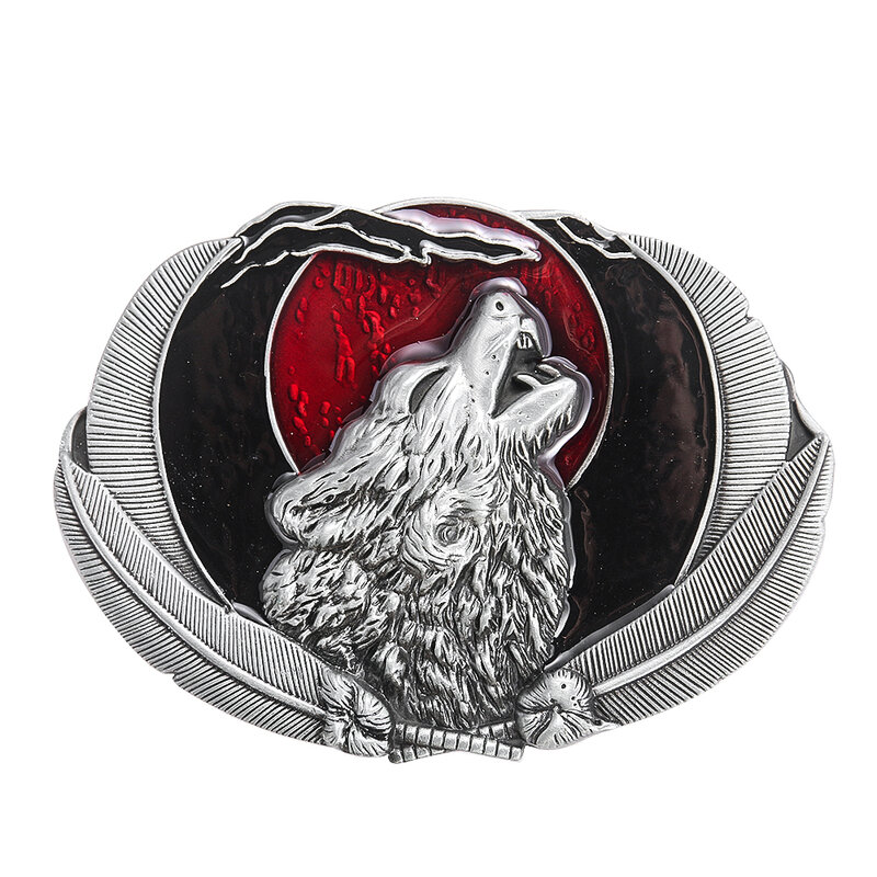 Looking at the Moon Howl Wolf Head Belt Buckle Metal Feather Forest Hunter Western Cowboy Casual Fibulae Suitable for 4cm Leash