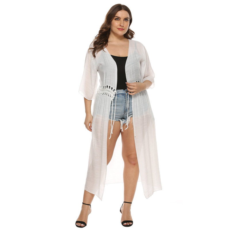 Large Size Women's Sexy Hollow Out Lace-up Long Jackets Cardigan Sunscreen Smock Wrap Coat Beach Blouse Casual Streetwear 4XL