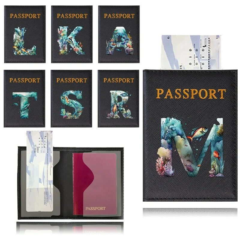 Funda de cuero PU para pasaporte, Tarjetero con patrón de nombre y letras de pescado, billetera ligera para vuelo, Unisex