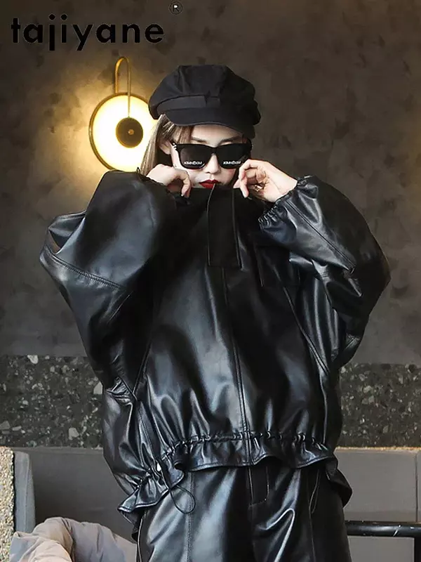 Tajiyane-女性のための韓国スタイルのジャケット,特大のシープスキンコート,本革,春の服,pph4508,2021