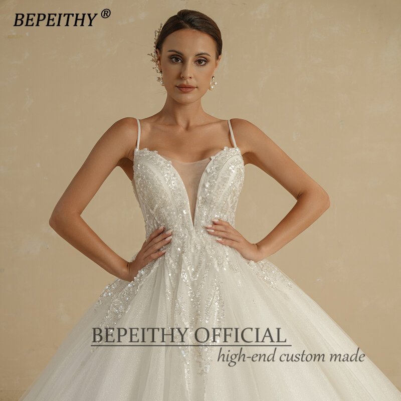 Bepeathy-女性のためのアイボリーのウェディングドレス,スパゲッティストラップ,Vネック,列車,スパンコール,ブライダルボール