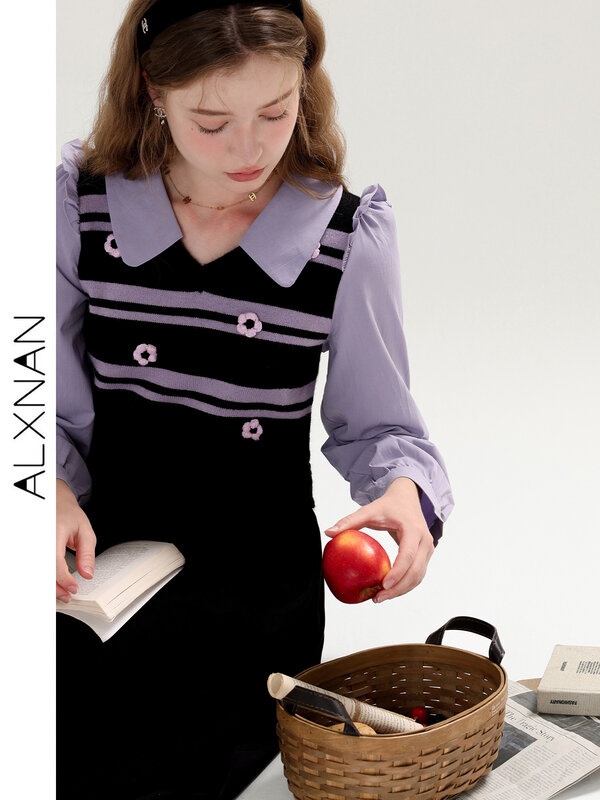 ALXNAN w stylu Casual, w paski patchworkowa sukienka dla kobiet 2024 francuska klapa z długim rękawem sztuczna sukienka damski strój biurowy T00902