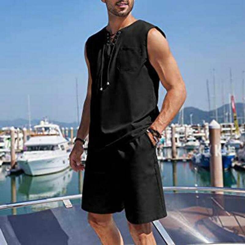 Casual Sports Suit Men's Sportswear Set Sleeveless V Neck Vest Elastic Waist Shorts with Patch Pockets Breathable Quick for Men