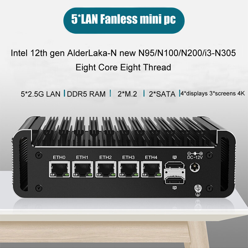 12. generacji 5xi226-V 2.5G Bezwentylatorowy Mini PC Firewall Urządzenie Router PC Intel i3 N305 N200 N100 DDR5 2*NVMe 2*SATA3.0 ESXi Komputer