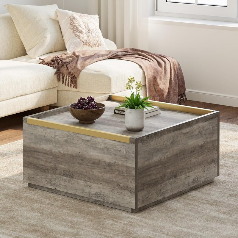 Mesa de centro cuadrada de madera gris para sala de estar, mesa de centro con almacenamiento grande, mesas de servicio, muebles de esquina de café para el hogar