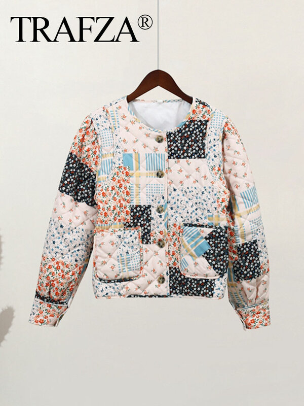 TRAFZA Women's Flower Print Coat Quilted Reversible Long Sleeve Open Front Two In One Jackets Autumn Vintage Streetwear