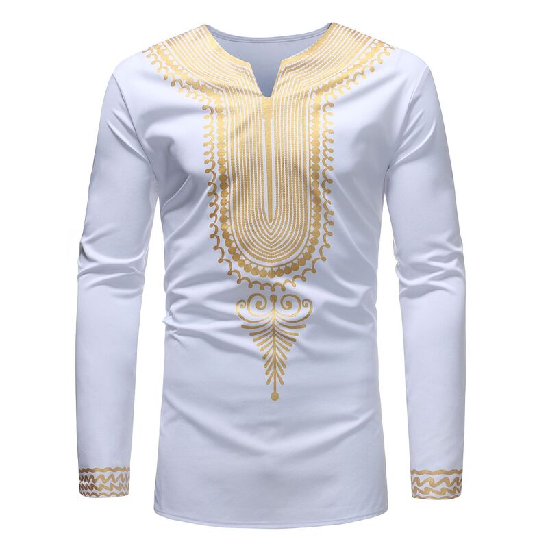 Camisa africana de manga comprida masculina, estampa irregular, dashiki, tops muçulmanos, camiseta masculina tradicional, roupa árabe, moda, outono