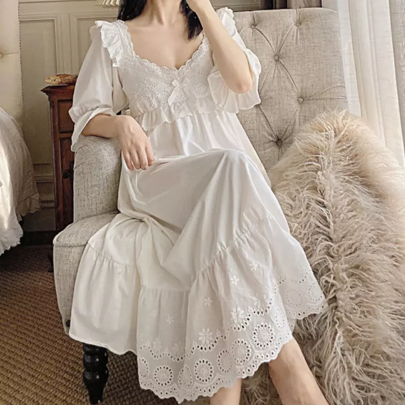 Gaun malam katun Victorian gaun malam wanita putih seksi lengan pendek jubah panjang Peignoir gaun malam antik pakaian tidur putri pakaian Kamar