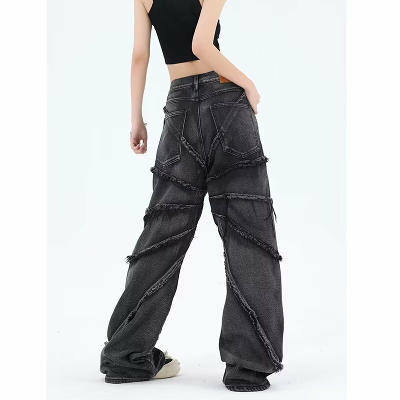 Американские ретро-джинсы Y2K с разрушительным пауком и необработанными краями для мужчин и женщин, Свободные повседневные брюки