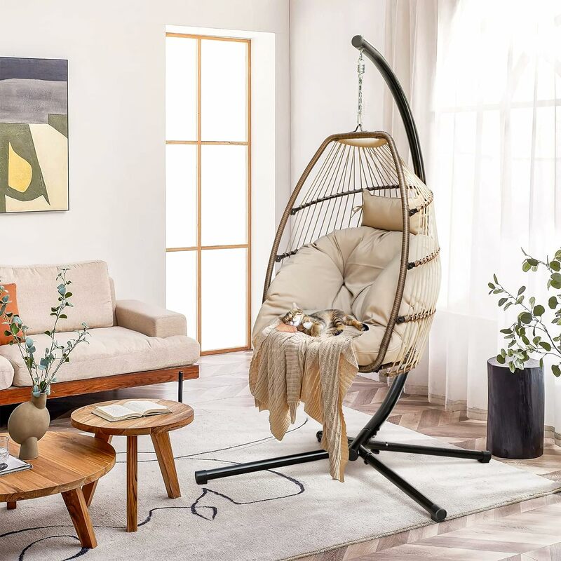 Egg Chair Indoor Outdoor Hanging Swing Chair with Stand Patio Hammock Wicker Rattan Chair Soft Cushion for Bedroom Garden