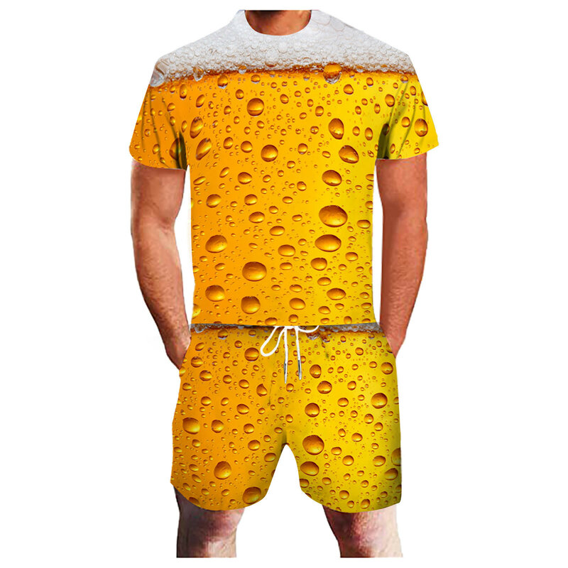 Bier 3D-Druck Herren Trend T-Shirt Set Sommer lässig Rundhals-T-Shirt Shorts 2 Stück Set Mode Mann Kleidung Pullover Trainings anzug
