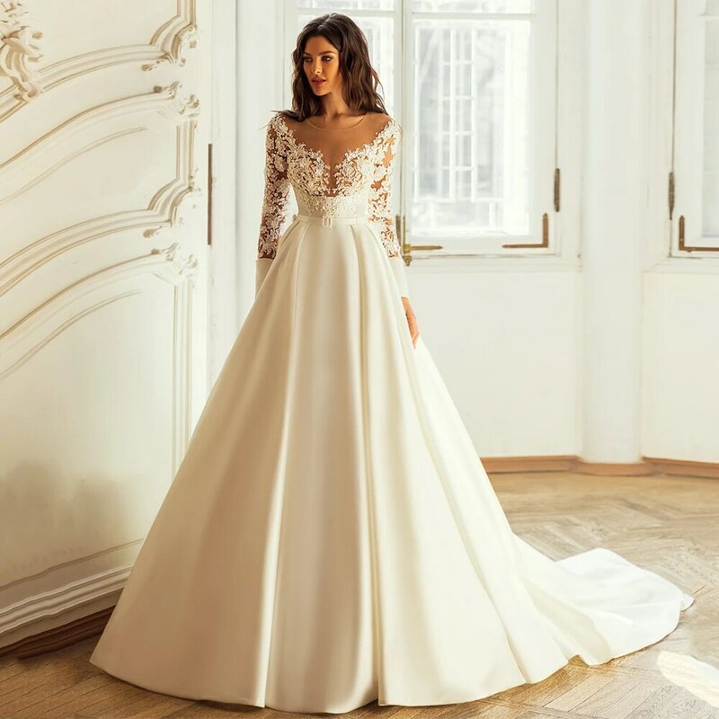Gaun pernikahan Satin menawan atasan tembus pandang manik-manik Applique gaun pengantin lengan panjang A Line Vestido De Noiva dengan kantong
