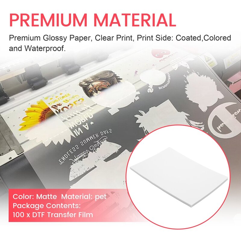 DTF Transfer Film 100 Sheets-A4 PET Heat Transfer Paper For DIY Direct On T-Shirts.Socks,Bags, 8.3 Inch X 11.7 Inch