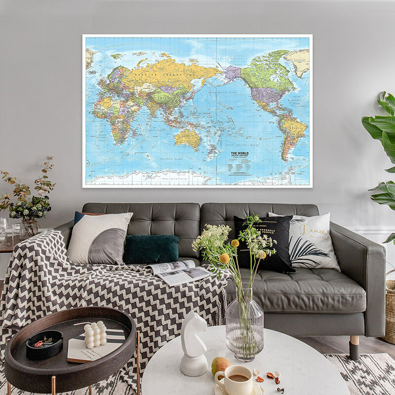 Mapa del mundo con distribución política, 225x150cm, impresiones en lienzo, mapa detallado, imágenes del mundo, decoración de la Oficina y la escuela en casa, 2012