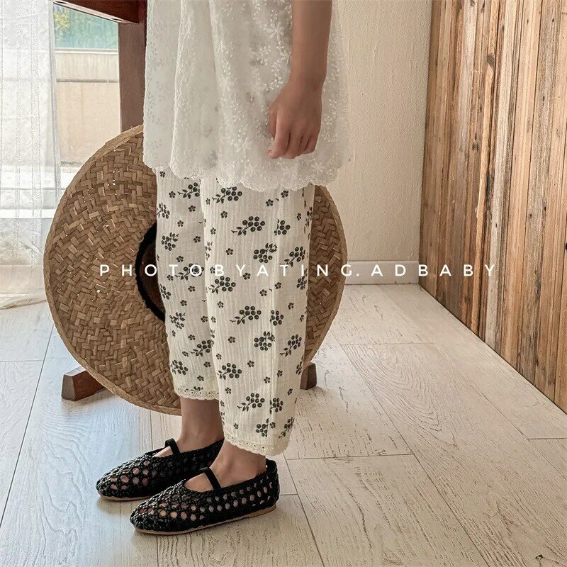 2024 Summer New Baby Girls Print Pants Cotton Linen Kids Cute Trouser Toddler Clothing Korean Style Children's Clothes 1 To 7 T