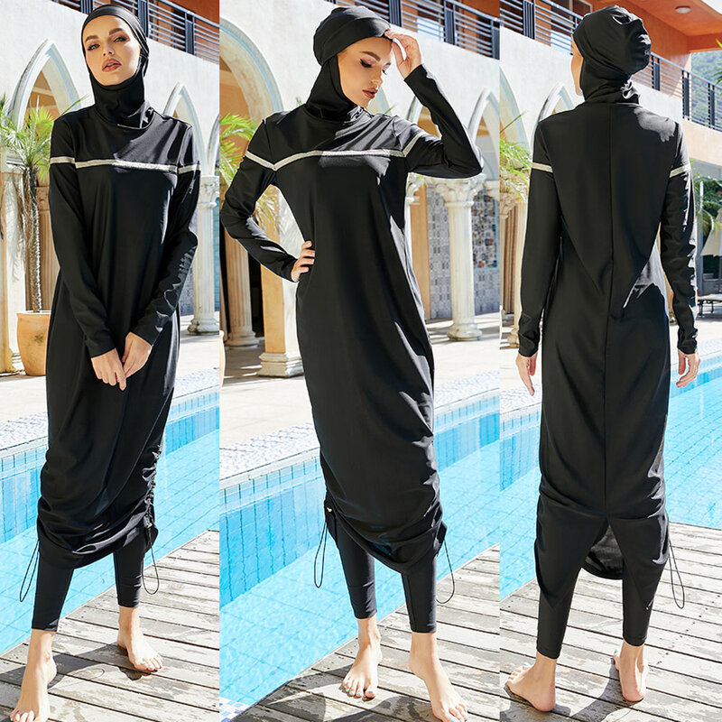ملابس السباحة الإسلامية تونك رداء الصلبة 3 قطعة بوركيني طويلة النساء المسلمات المايوه للنساء السباحة الاستحمام تصفح ارتداء غطاء كامل