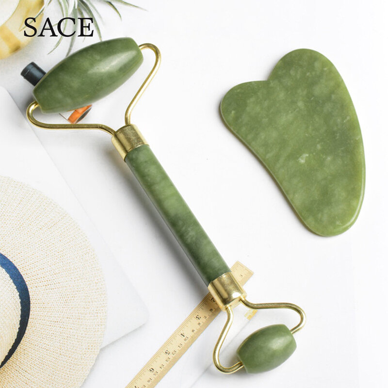 New Anti Aging Jade Stone Massage Set Gua Sha Rose Quartz Jade Face Roller