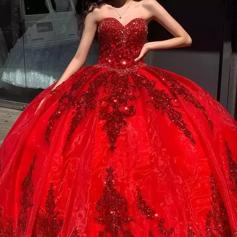 Luxus rot Schatz lange Ärmel Quince anera Kleid glitzernde Spitze für 15 Party formelle Ballkleid 16 Geburtstag Prinzessin Kleid