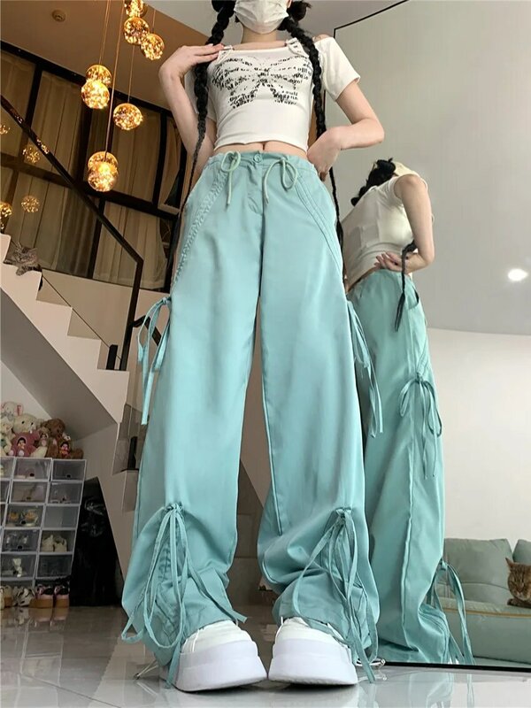 Women's Chic Drawstring Lace Up Wide Leg Cargo Pants Lady Summer Streetwear High Waist Loose Full Length Pants