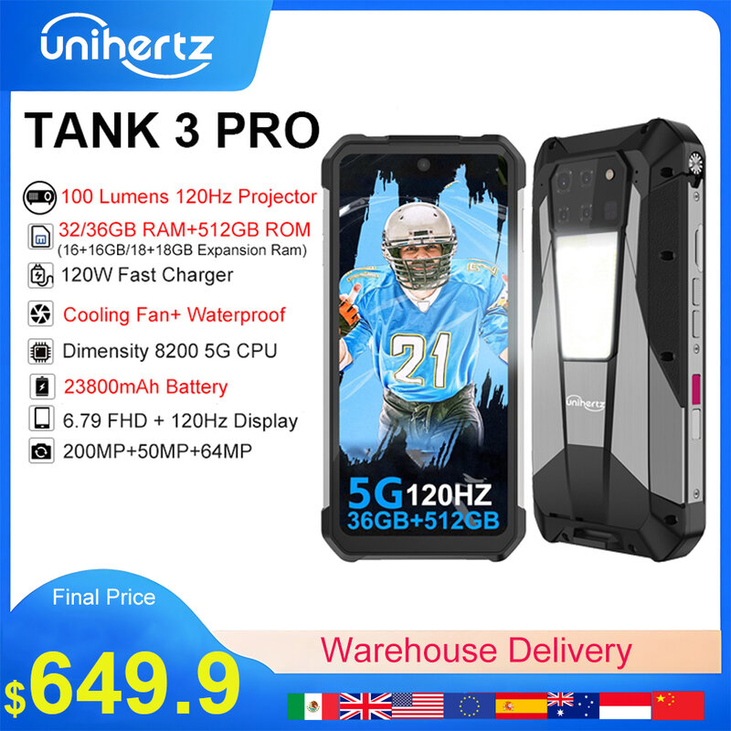 Unihertz Tank 3 Pro 8849 con proiettore 100 lumen 120Hz, 32GB/36GB RAM,512GB ROM, caricabatterie rapido 23800mAh 120W, fotocamera 5G,200MP
