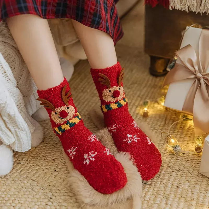 Calcetines de lana de coral de Navidad, medias de tubo medio, cálidas, gruesas, con dibujos animados para dormir en el suelo