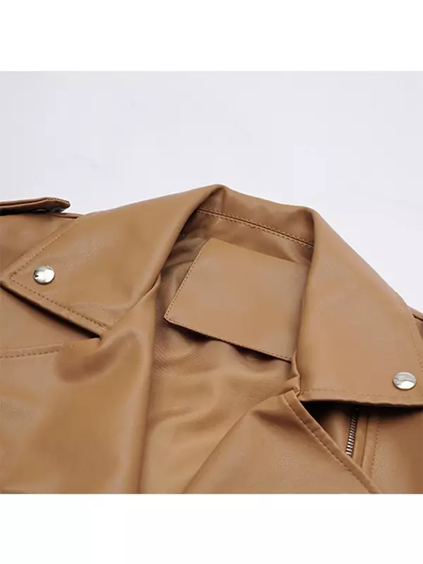 FTLZZ Jaket Kulit Imitasi Musim Semi Musim Gugur Mantel Kasual Longgar untuk Wanita Pakaian Luar Lokomotif Sepeda Motor dengan Sabuk