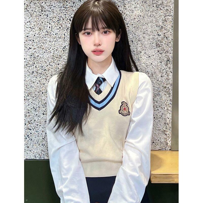 Verbesserte jk Uniform Japan Korea Stil Mädchen süße Weste Langarmhemd Rock Set College-Stil lässig täglich jk Uniform Set