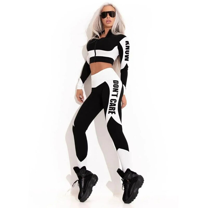 Oshoplive Female Long Sleeves Zipper Tees&leggings Sports Suits 2023 Spring Autumn Letter Print Yoga Two Pieces Set For Women