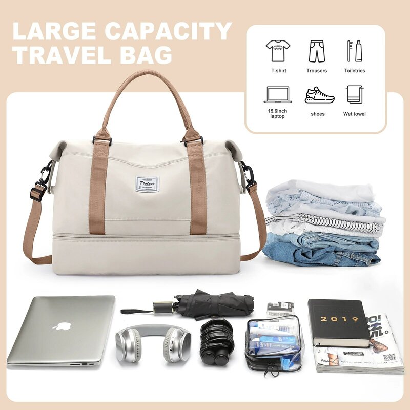 Likros-Bolso de viaje con compartimiento para zapatos para mujer, bolsa de mano de gimnasio, bolso de hombro, bolsa de noche para equipaje