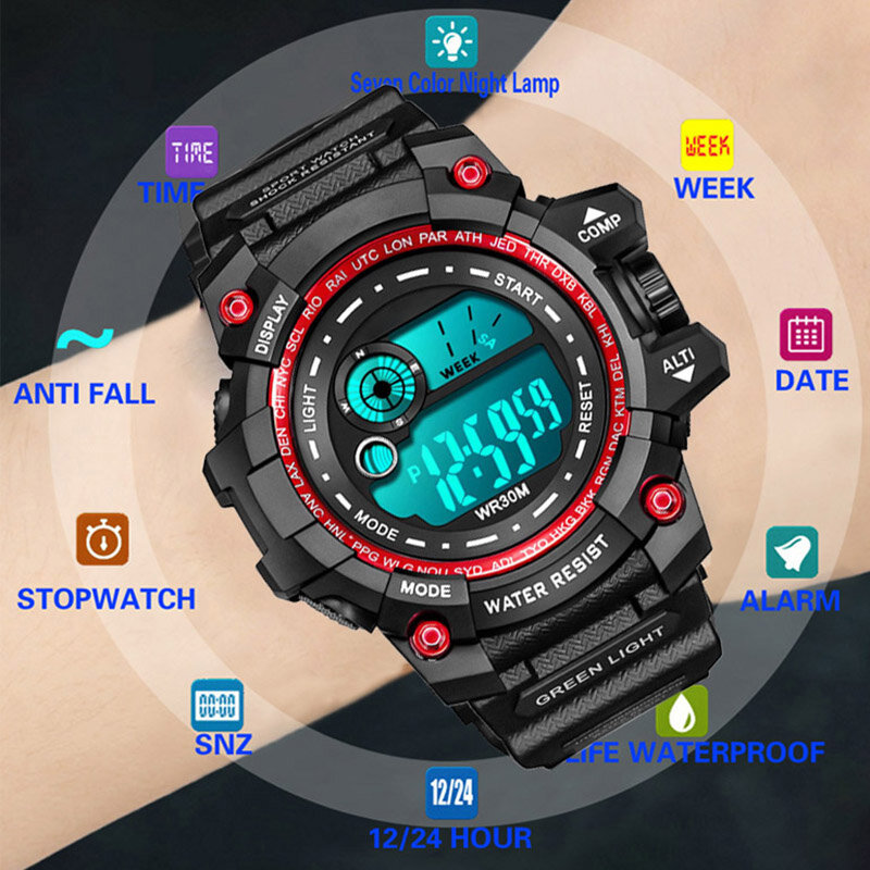 YIKAZE-Montre numérique étanche pour homme, affichage LED, chronographe Shoous, montres-bracelets de sport de plein air, montres militaires électroniques