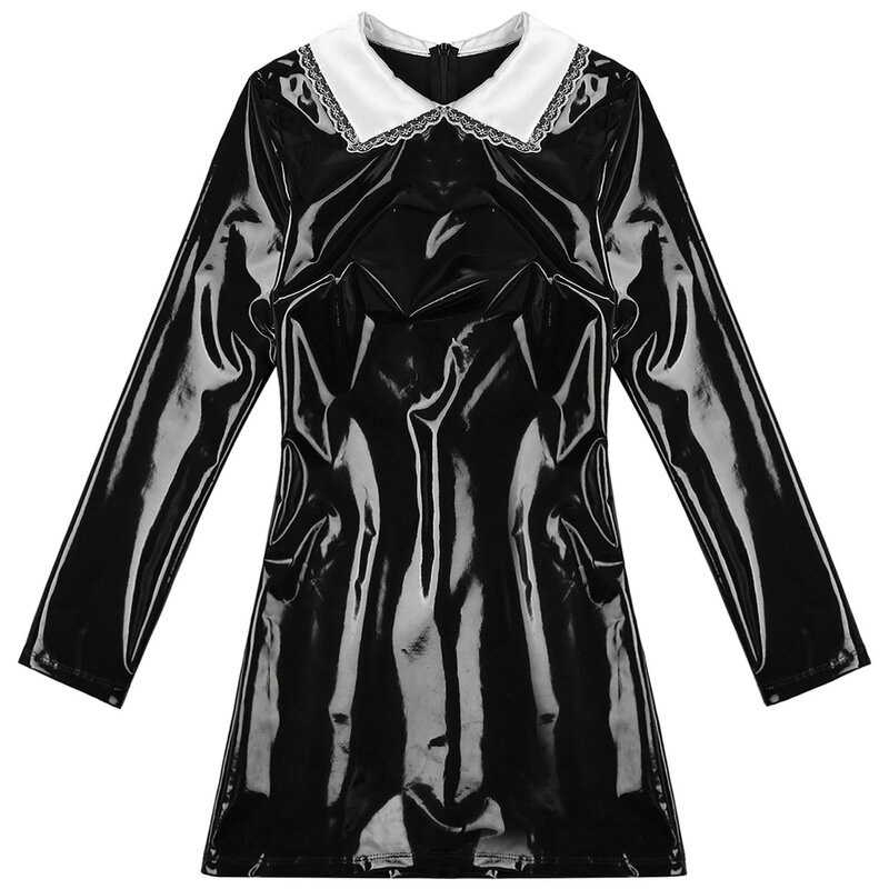 Womens Glossy Patent Leather Mini Dress Long Sleeve Satin Collar Back Zipper Bodycon Dress Tempating Clubwear Punk Costumes