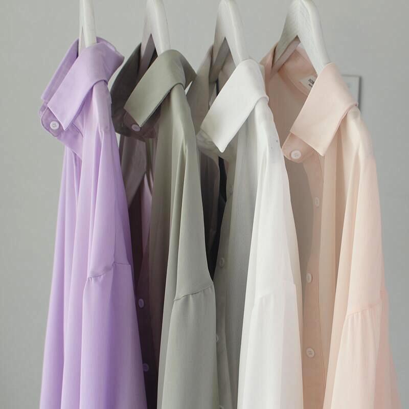 Blusa holgada de manga larga con cuello tipo Polo para mujer, camisa Vintage de gasa de Color sólido, protección solar, R41, 2024