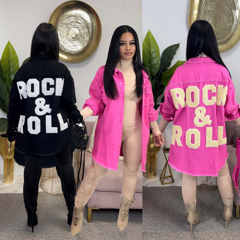 여성용 블랙 데님 찢어진 재킷, 진 핑크 롱 오버사이즈 코트, 캐주얼 패션, 2022 겨울 가을 의류, Y2K 스트리트웨어 재킷