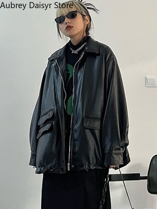 Женская Байкерская кожаная куртка на молнии, черная Повседневная винтажная байкерская куртка в стиле панк, зима 2023