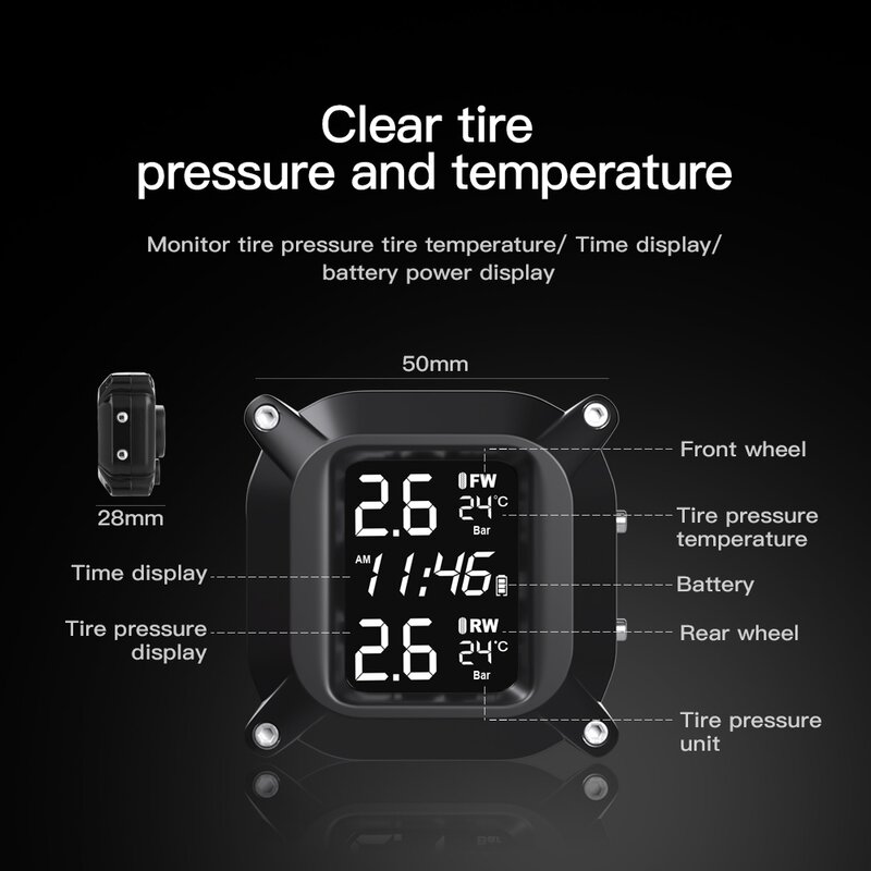 Wireless Motorcycle Tire Pressure Monitoring System External Sensor LCD Time Display Tyre Temperature Monitor Alarm