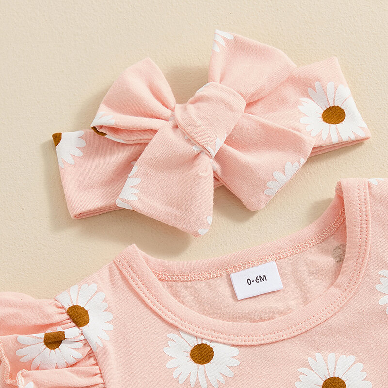 Lioraitiin Musim Panas 2024-03-25 pakaian bayi perempuan motif bunga kaos lengan pendek dan celana pendek bando lucu Set 3 potong baju