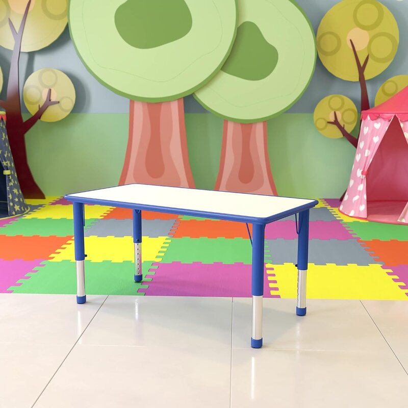 Meja dan kursi anak-anak, furnitur persegi panjang plastik tinggi meja aktivitas dapat disesuaikan, set 3, Meja biru