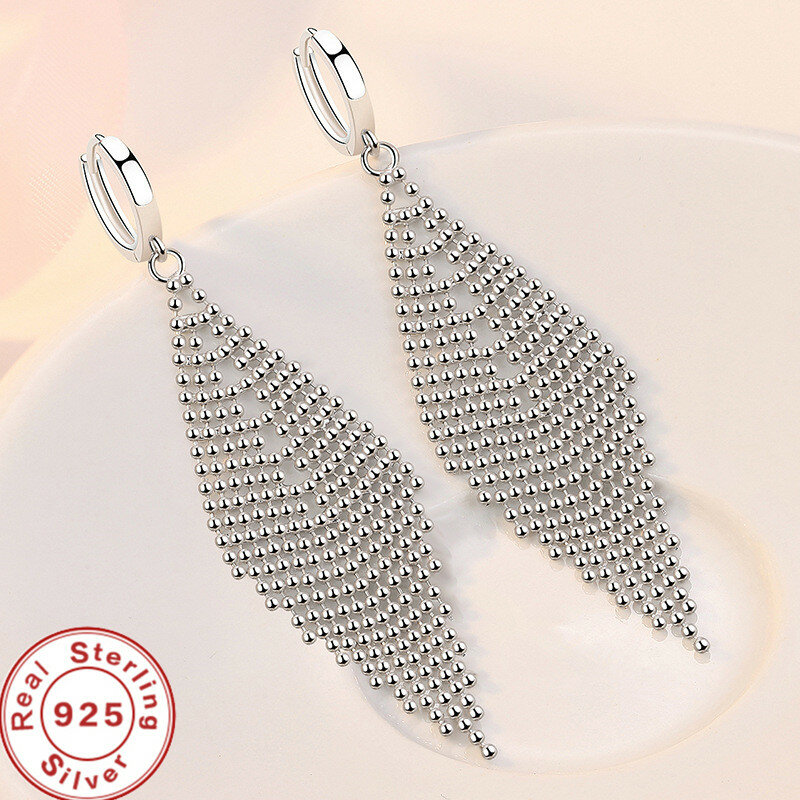 Nowe 925 srebro długie kolczyki Tassel koraliki długie kolczyki dla kobiet biżuteria ślubna prezenty