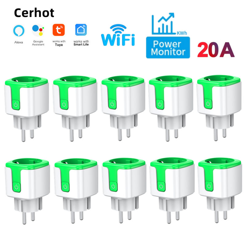 Cerhot-Tuya WiFi Plug Inteligente com Monitor de Alimentação, Controle Remoto, Controle de Voz, Alexa, Yandex Alice, EU 20A, Assistente do Google