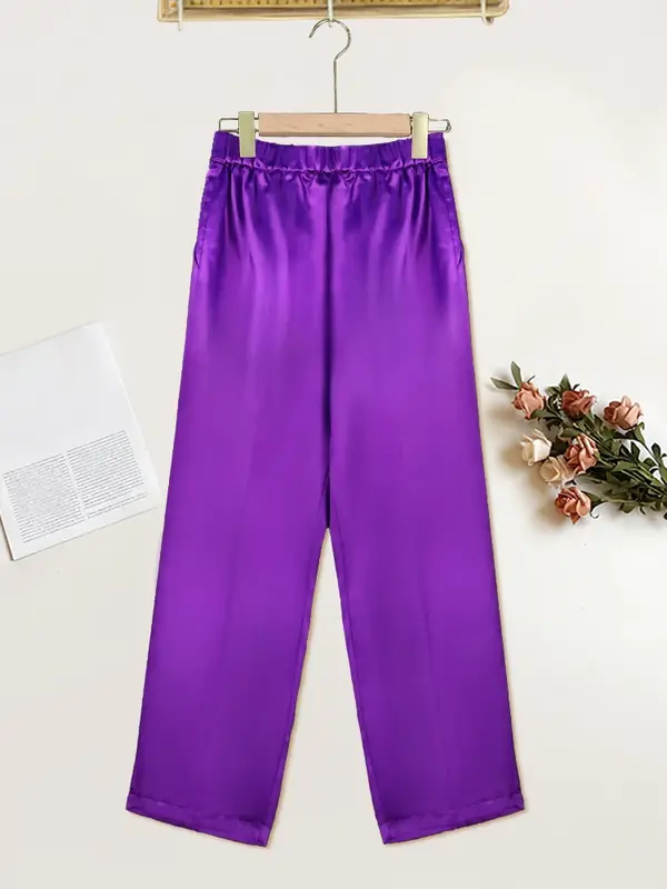 Purple Plus Size Pants 3XL 4XL Elastic Waist High Street Shiny Evening Cocktail Party Trousers with Pockets for Women 2024 New
