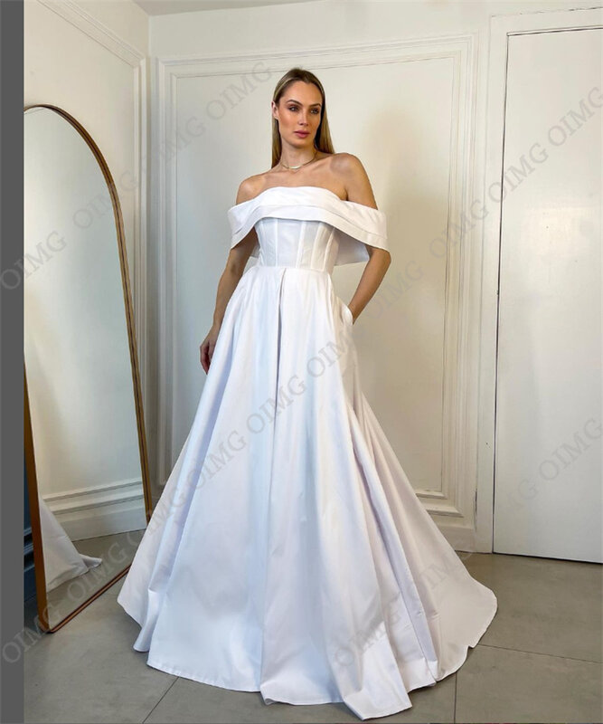 OIMG-Vestido De Noiva Longo De Tafetá, Fora Do Ombro, Personalizado, Zipper Voltar, Princesa Vestidos De Noiva, Elegante Vestido De Noiva