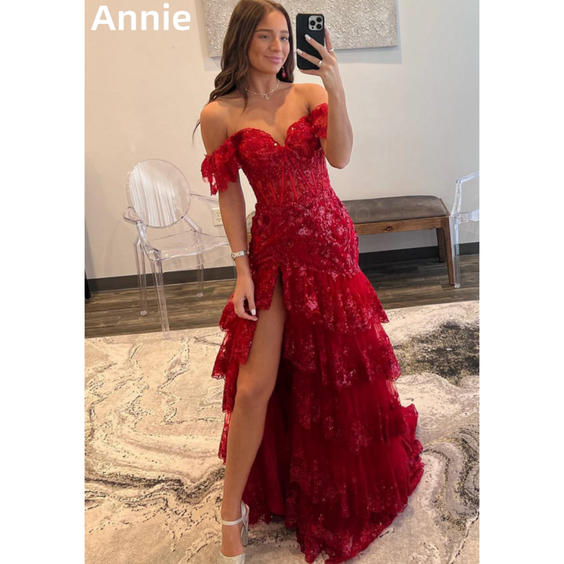 Annie rote Braut Ballkleider Luxus Meerjungfrau Pailletten Abendkleider formelle Anlässe Hochzeits feier Kleid Roben de Soirée2024